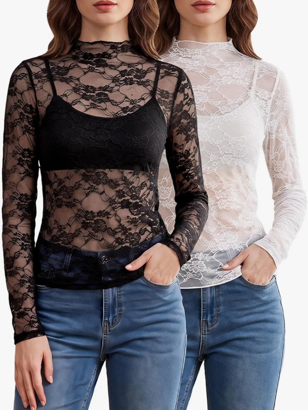 2 Pack Lace Mesh Tops Mock Neck Long Sleeve See Through Shirt Blouse